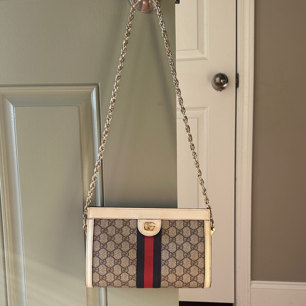 Authentic Gucci Beige Crossbody Bag with Red and Blue Stripes